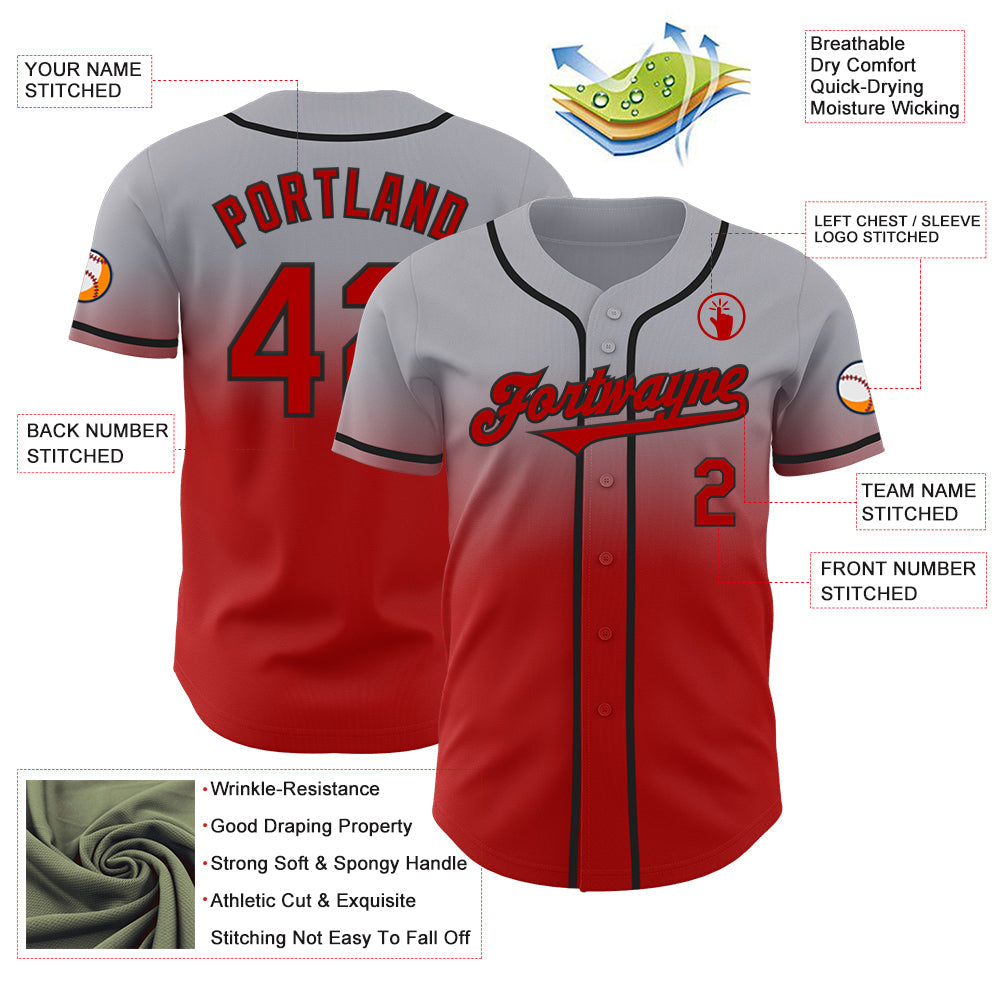 Custom Gray Red-Black Authentic Fade Fashion Baseball Jersey view 3
