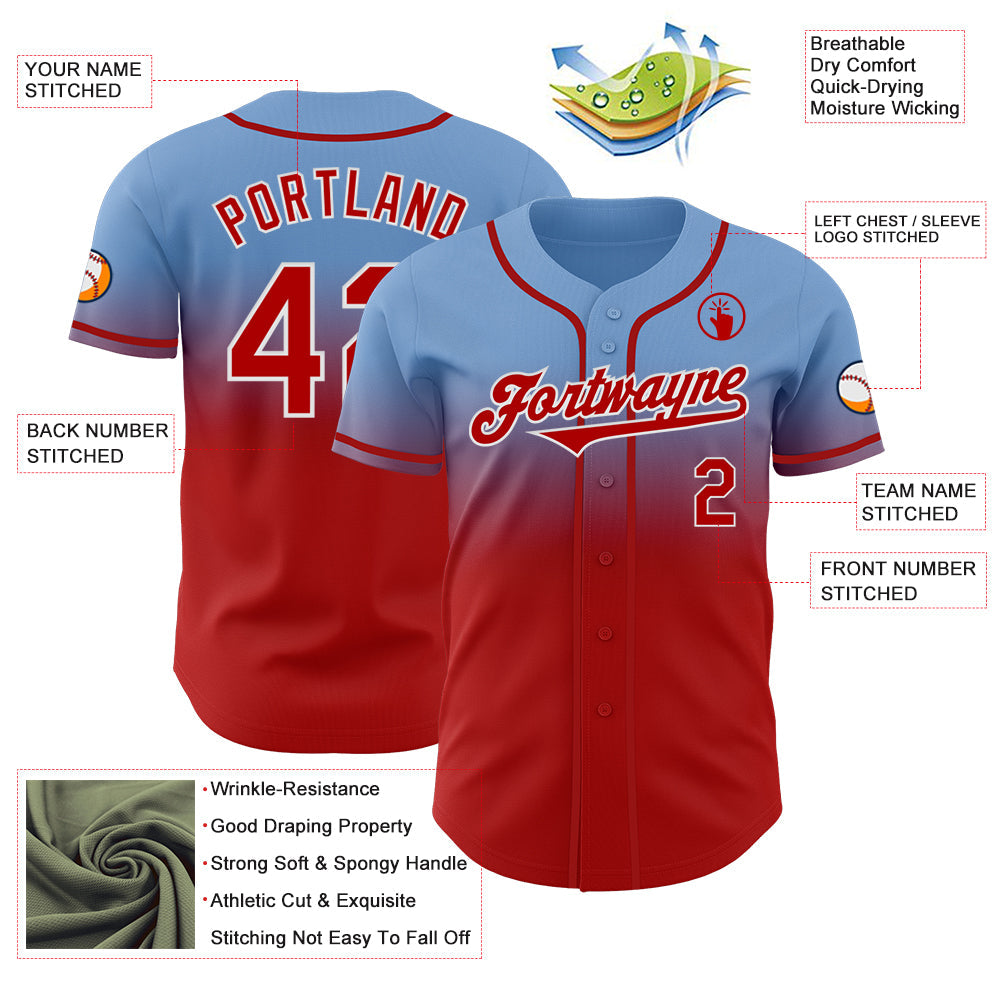 Custom Light Blue Red-White Authentic Fade Fashion Baseball Jersey view 3