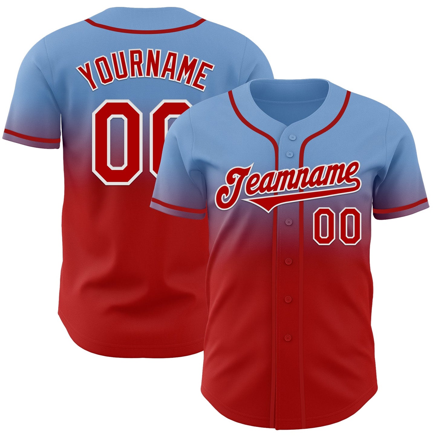 Custom Light Blue Red-White Authentic Fade Fashion Baseball Jersey - Main View