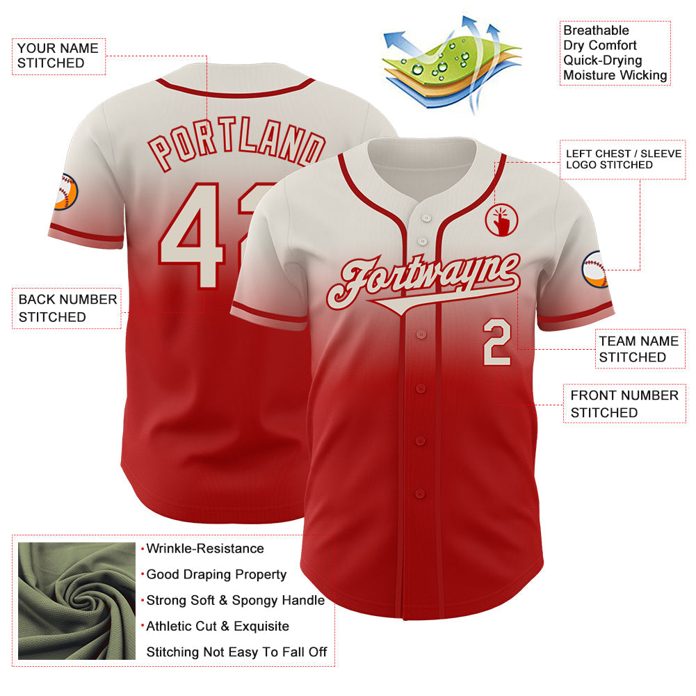 Custom Cream Red Authentic Fade Fashion Baseball Jersey view 3