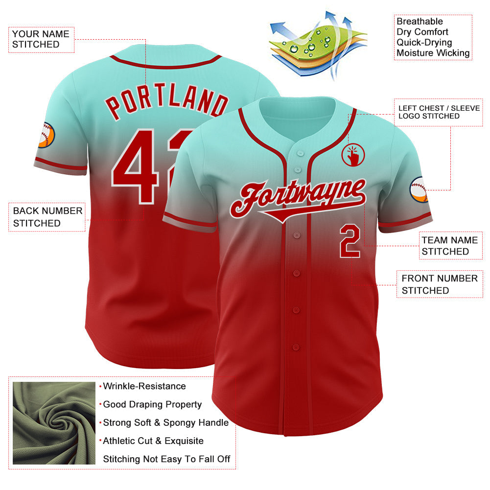 Custom Ice Blue Red-White Authentic Fade Fashion Baseball Jersey view 3