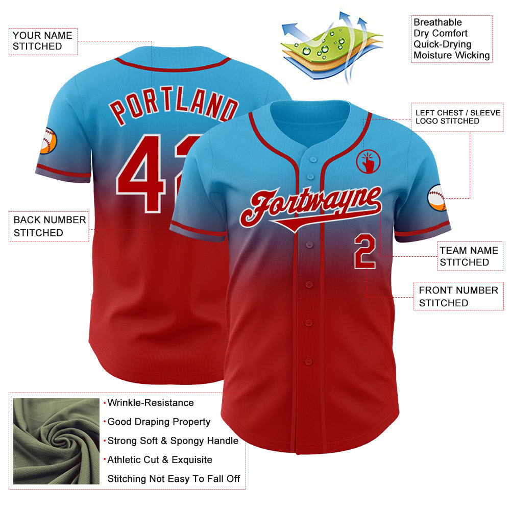 Custom Sky Blue Red-White Authentic Fade Fashion Baseball Jersey view 3