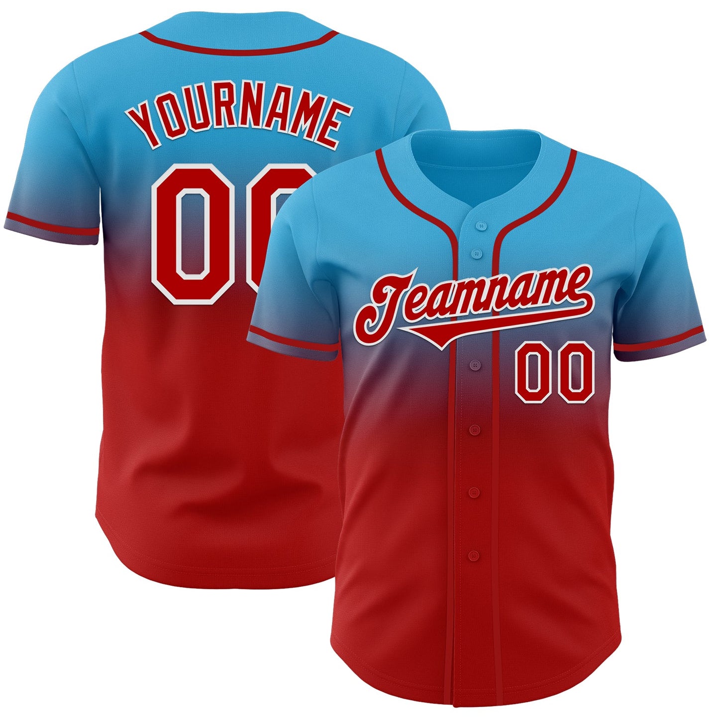 Custom Sky Blue Red-White Authentic Fade Fashion Baseball Jersey - Main View