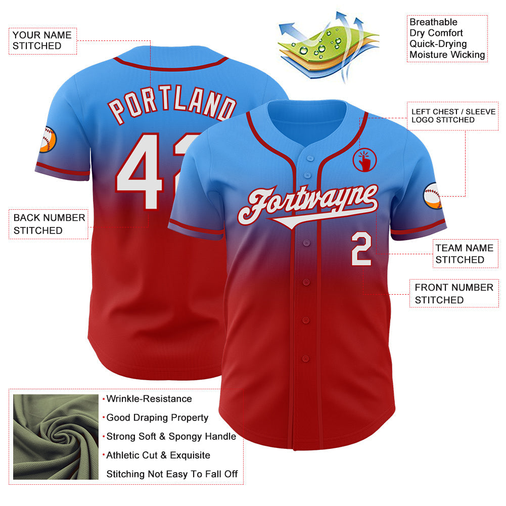 Custom Electric Blue White-Red Authentic Fade Fashion Baseball Jersey view 3