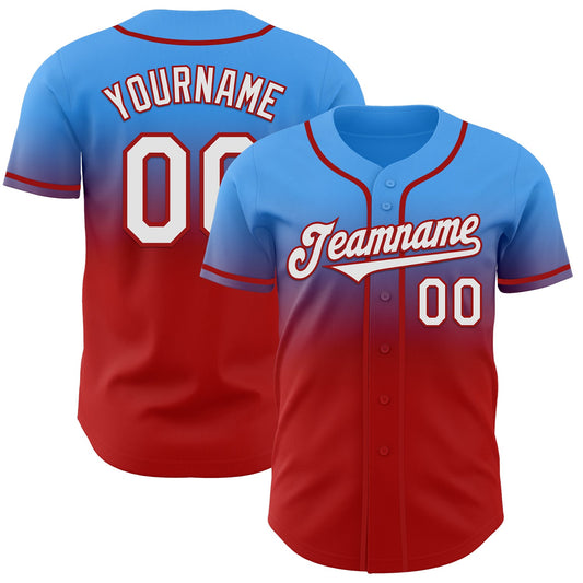 Custom Electric Blue White-Red Authentic Fade Fashion Baseball Jersey - Main View