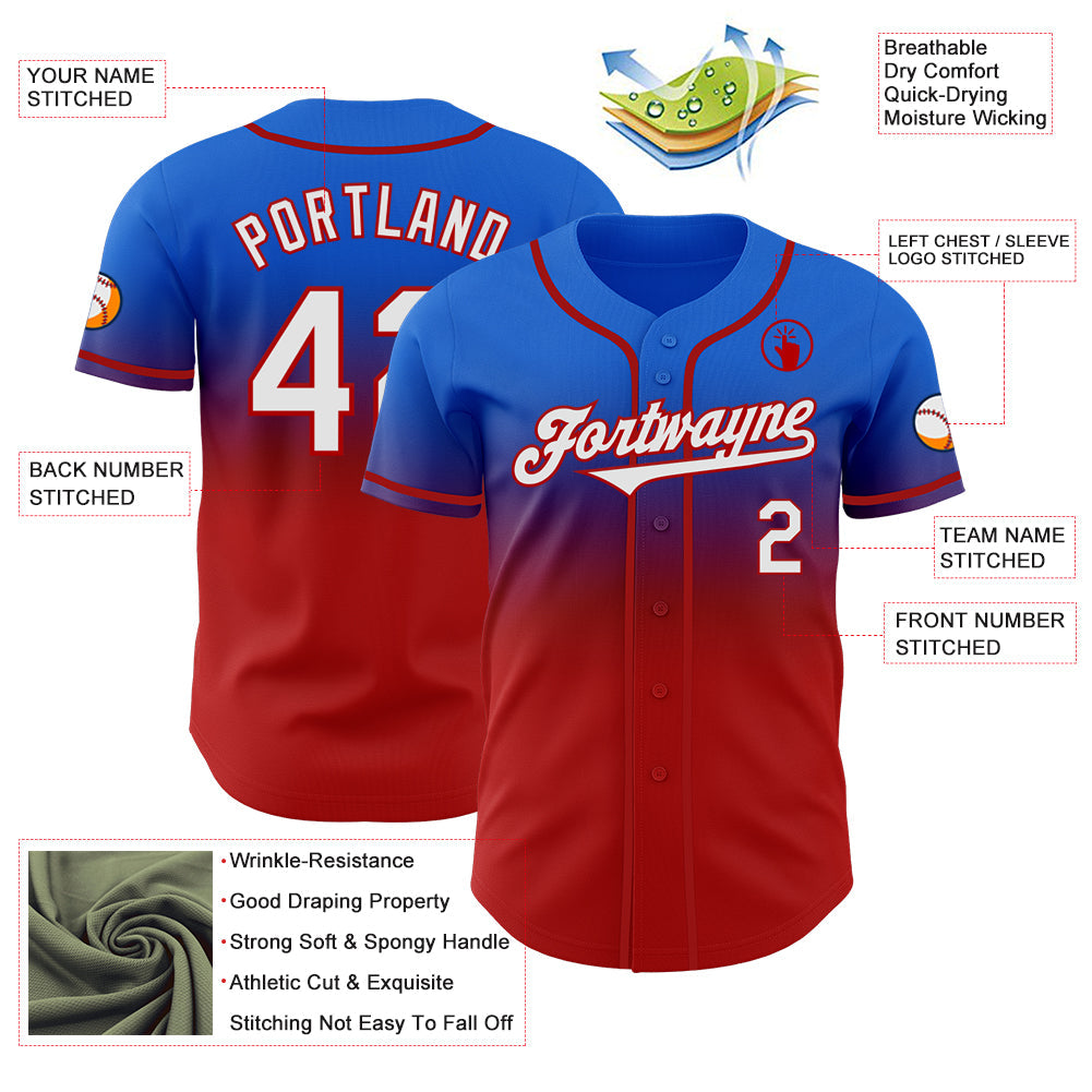 Custom Thunder Blue White-Red Authentic Fade Fashion Baseball Jersey view 3