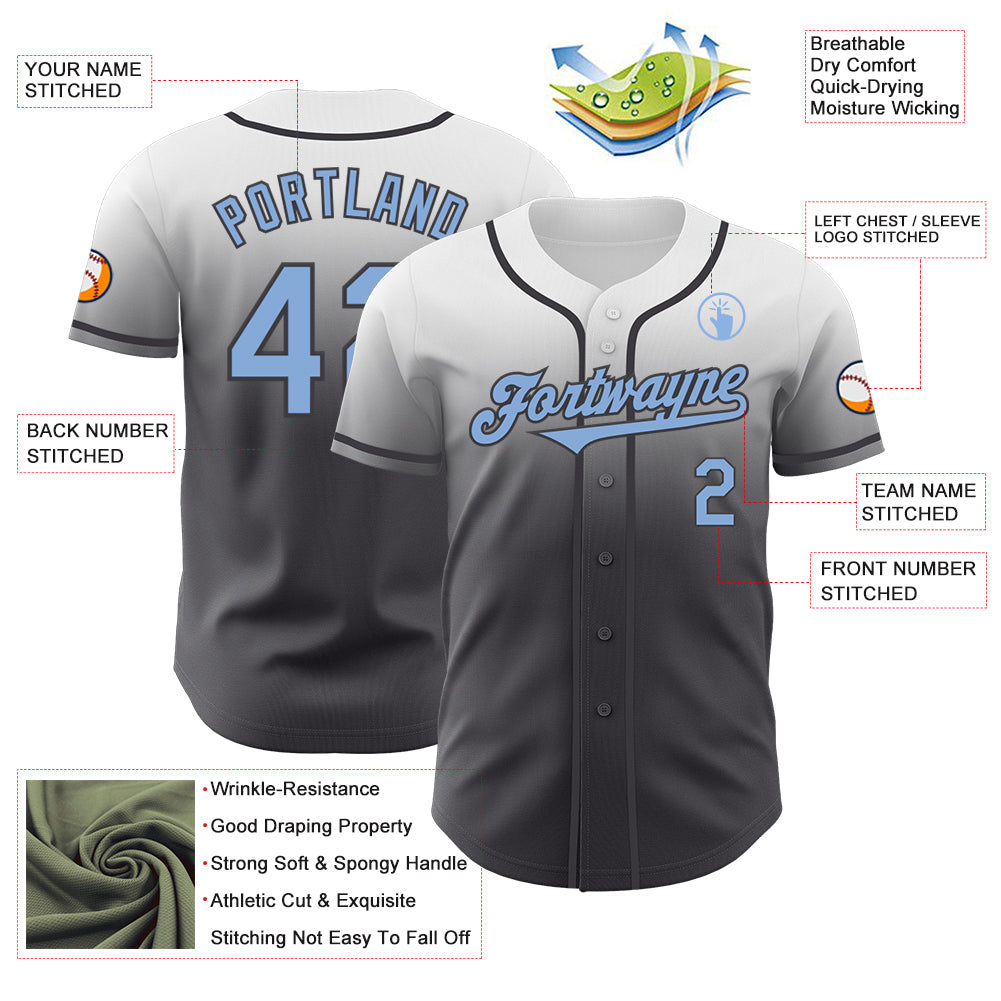 Custom White Light Blue-Steel Gray Authentic Fade Fashion Baseball Jersey view 3