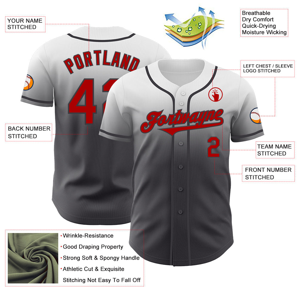 Custom White Red-Steel Gray Authentic Fade Fashion Baseball Jersey view 3