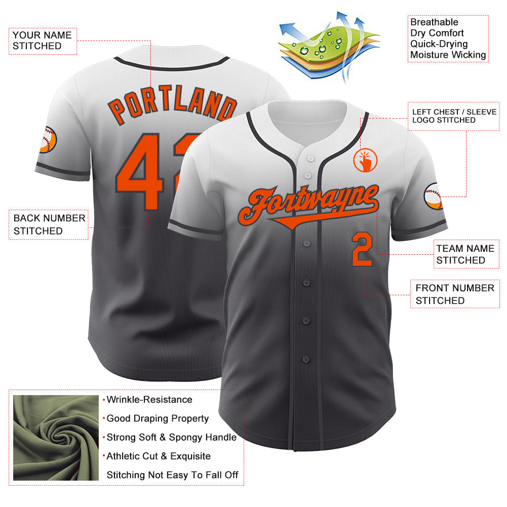 Custom White Orange-Steel Gray Authentic Fade Fashion Baseball Jersey view 3