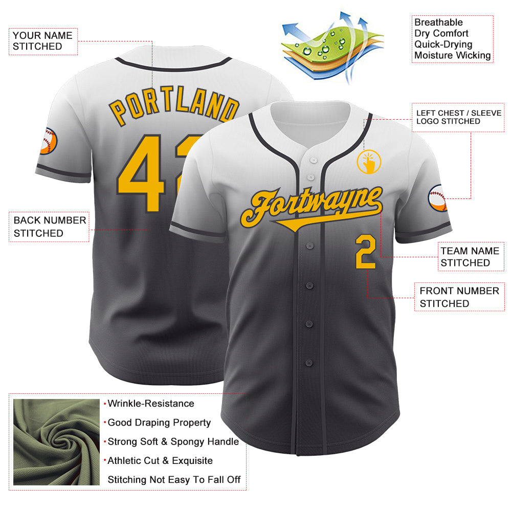 Custom White Gold-Steel Gray Authentic Fade Fashion Baseball Jersey view 3