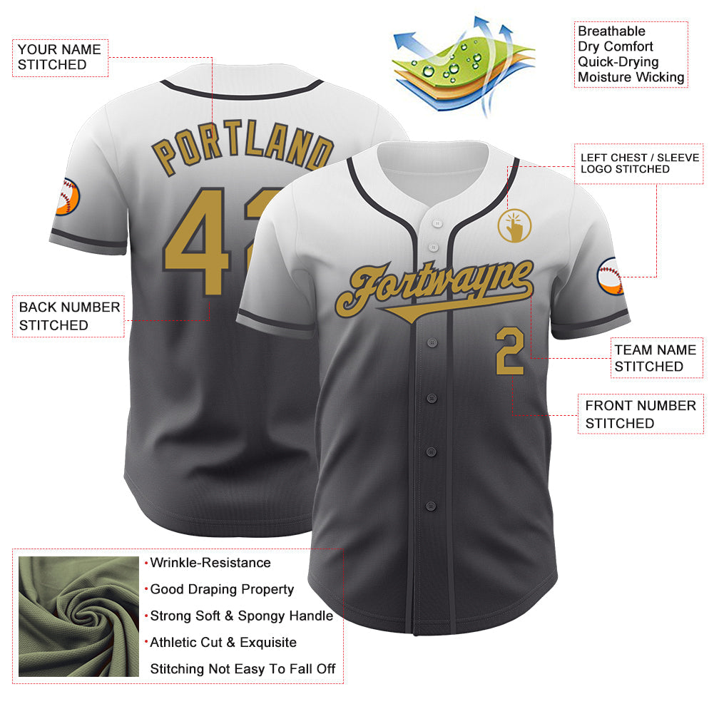 Custom White Old Gold-Steel Gray Authentic Fade Fashion Baseball Jersey view 3