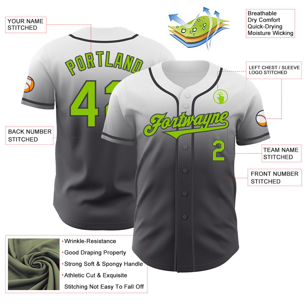 Custom White Neon Green-Steel Gray Authentic Fade Fashion Baseball Jersey view 3