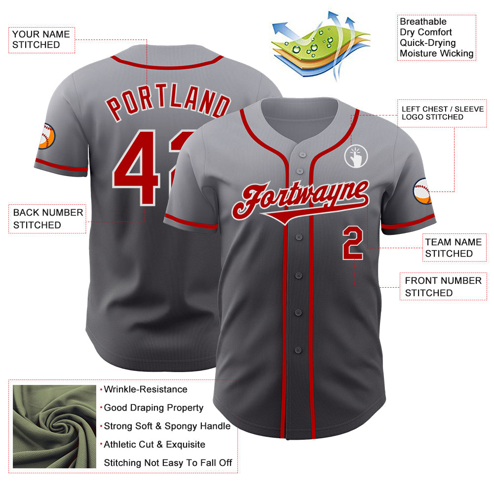 Custom Gray Red Steel Gray-White Authentic Fade Fashion Baseball Jersey view 3
