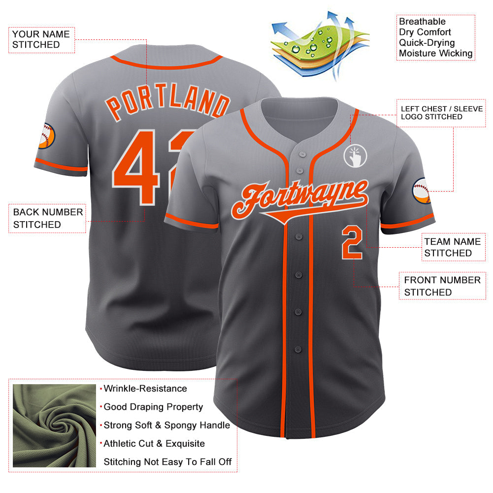 Custom Gray Orange Steel Gray-White Authentic Fade Fashion Baseball Jersey view 3
