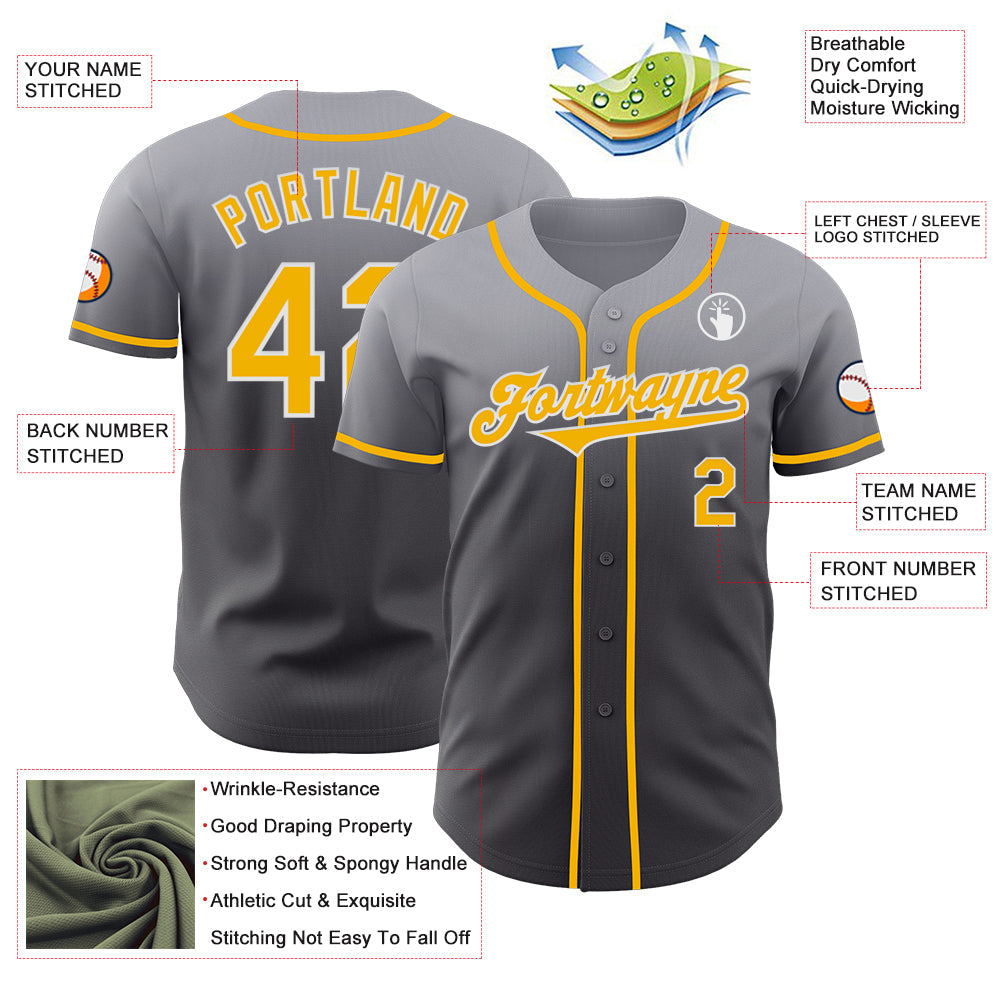 Custom Gray Gold Steel Gray-White Authentic Fade Fashion Baseball Jersey view 3