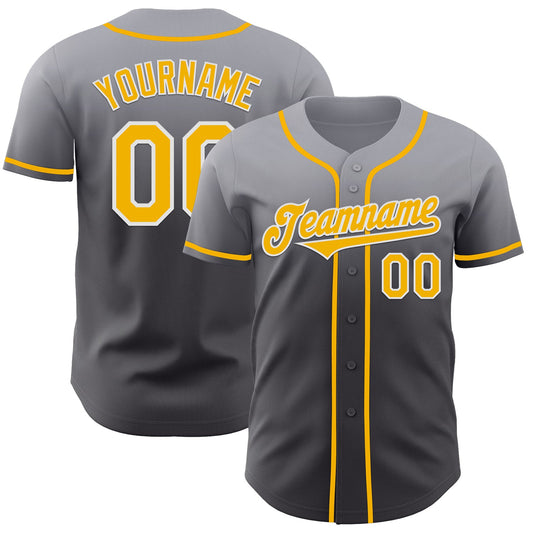 Custom Gray Gold Steel Gray-White Authentic Fade Fashion Baseball Jersey - Main View