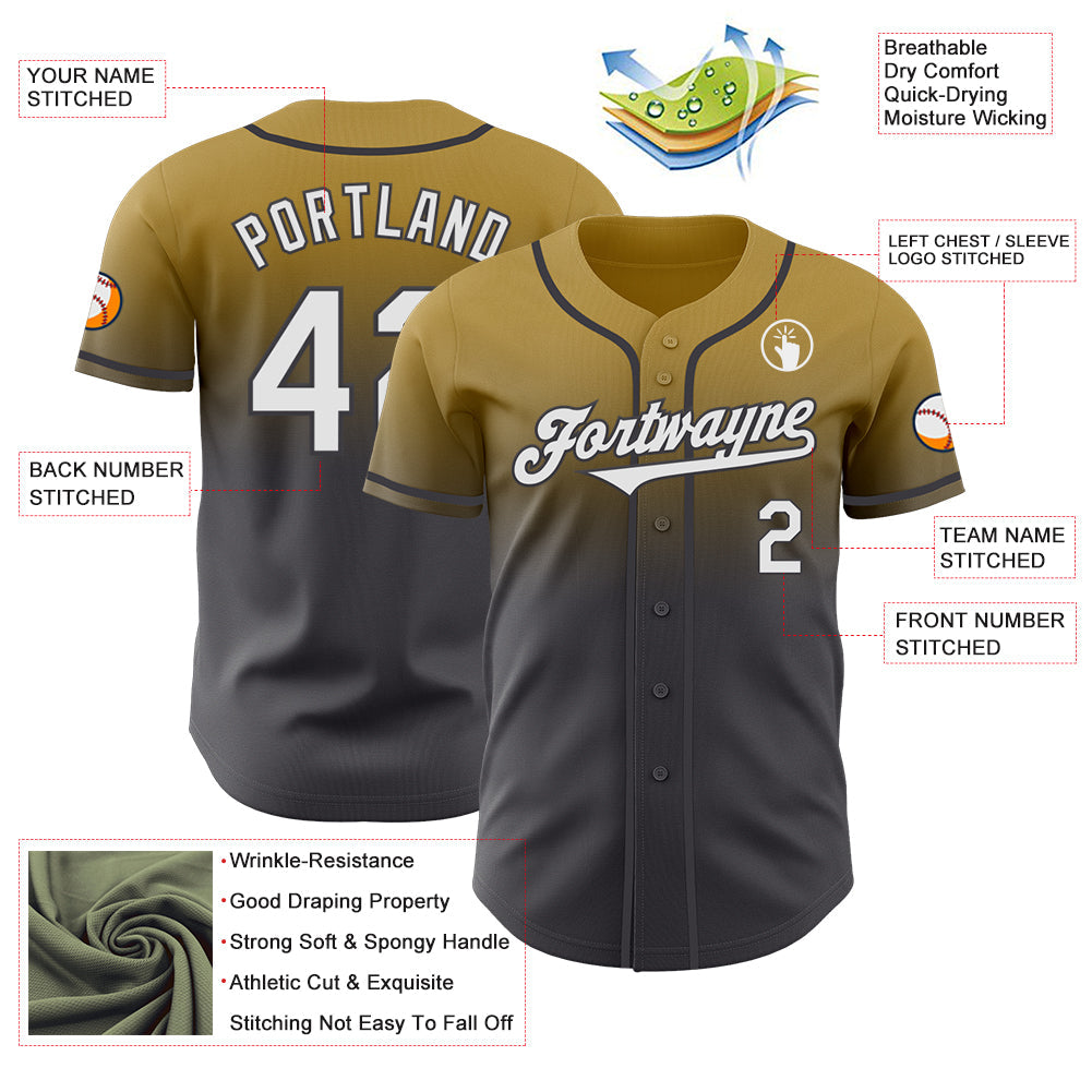 Custom Old Gold White-Steel Gray Authentic Fade Fashion Baseball Jersey view 3