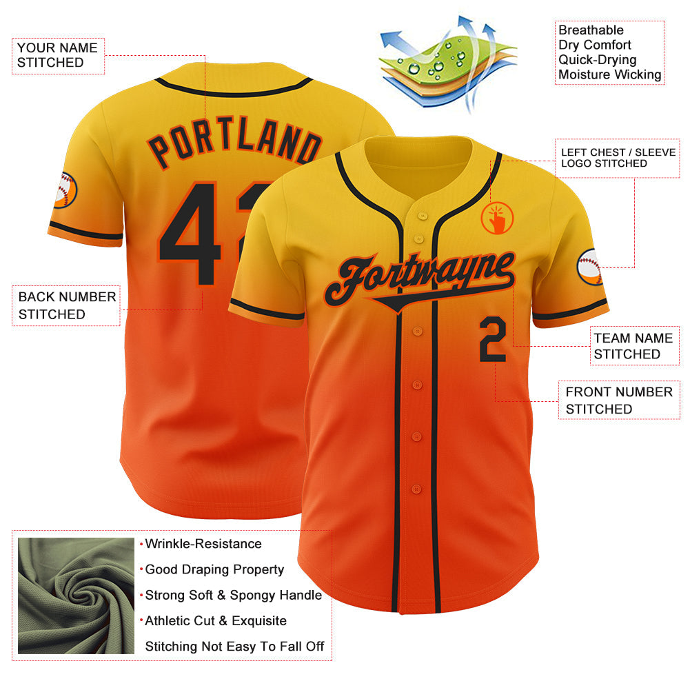 Custom Yellow Black-Orange Authentic Fade Fashion Baseball Jersey view 3