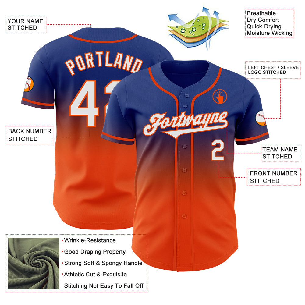 Custom Royal White-Orange Authentic Fade Fashion Baseball Jersey view 3