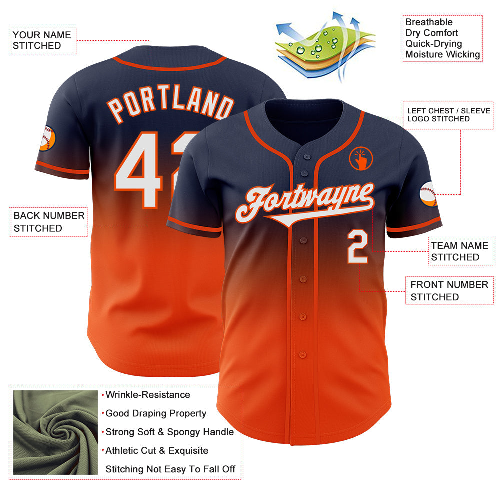 Custom Navy White-Orange Authentic Fade Fashion Baseball Jersey view 3