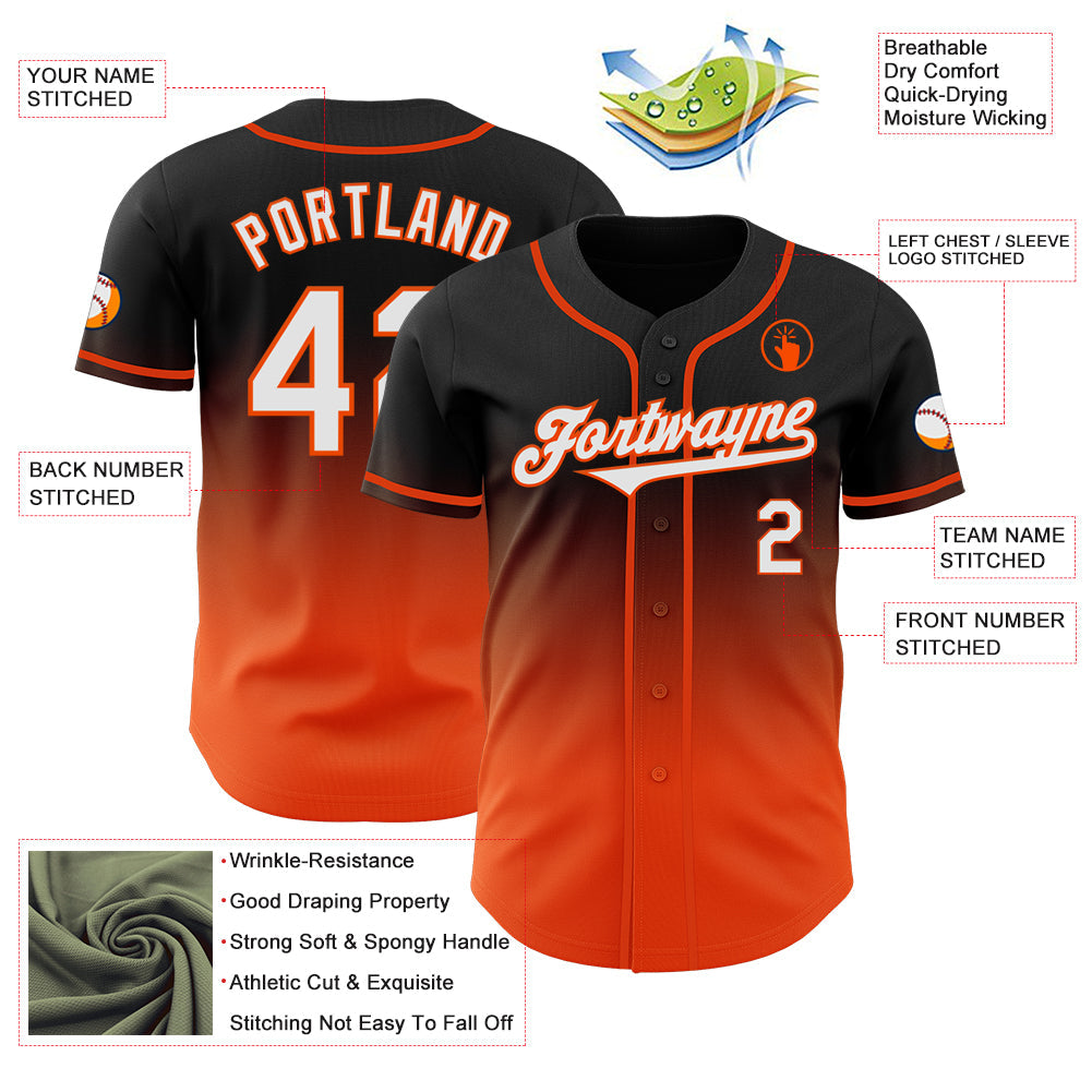 Custom Black White-Orange Authentic Fade Fashion Baseball Jersey view 3