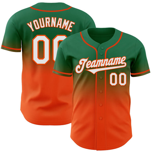 Custom Kelly Green White-Orange Authentic Fade Fashion Baseball Jersey - Main View