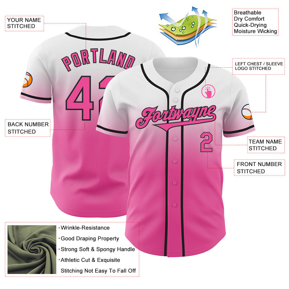 Custom White Pink-Black Authentic Fade Fashion Baseball Jersey view 3
