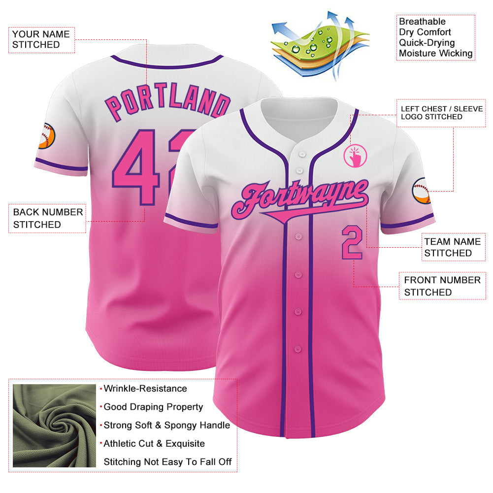 Custom White Pink-Purple Authentic Fade Fashion Baseball Jersey view 3