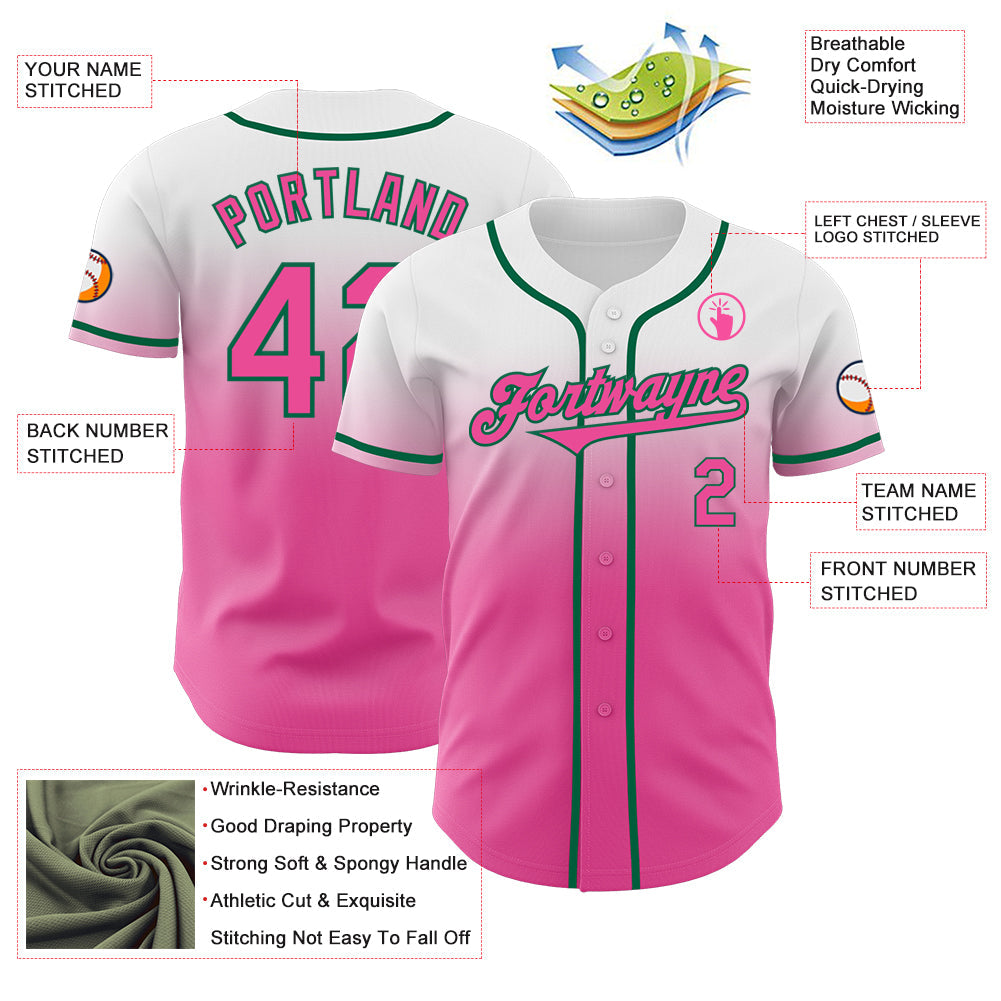 Custom White Pink-Kelly Green Authentic Fade Fashion Baseball Jersey view 3