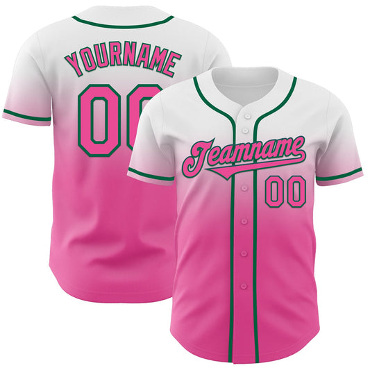 Custom White Pink-Kelly Green Authentic Fade Fashion Baseball Jersey - Main View