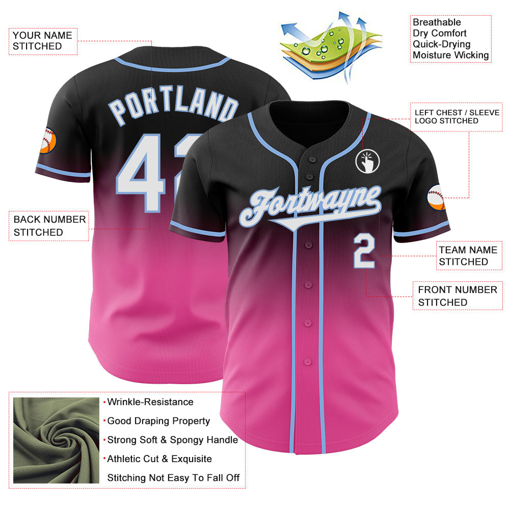 Custom Black White Pink-Light Blue Authentic Fade Fashion Baseball Jersey view 3