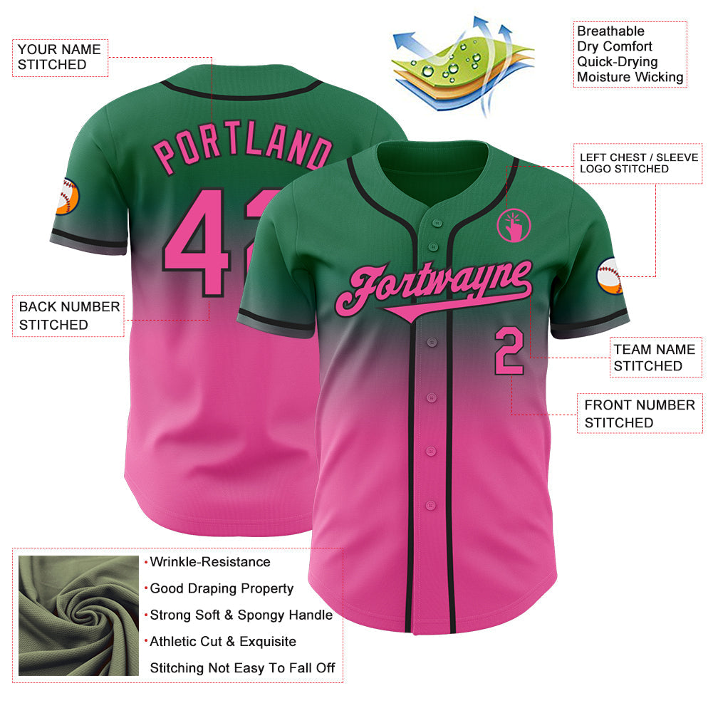 Custom Kelly Green Pink-Black Authentic Fade Fashion Baseball Jersey view 3
