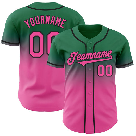 Custom Kelly Green Pink-Black Authentic Fade Fashion Baseball Jersey - Main View