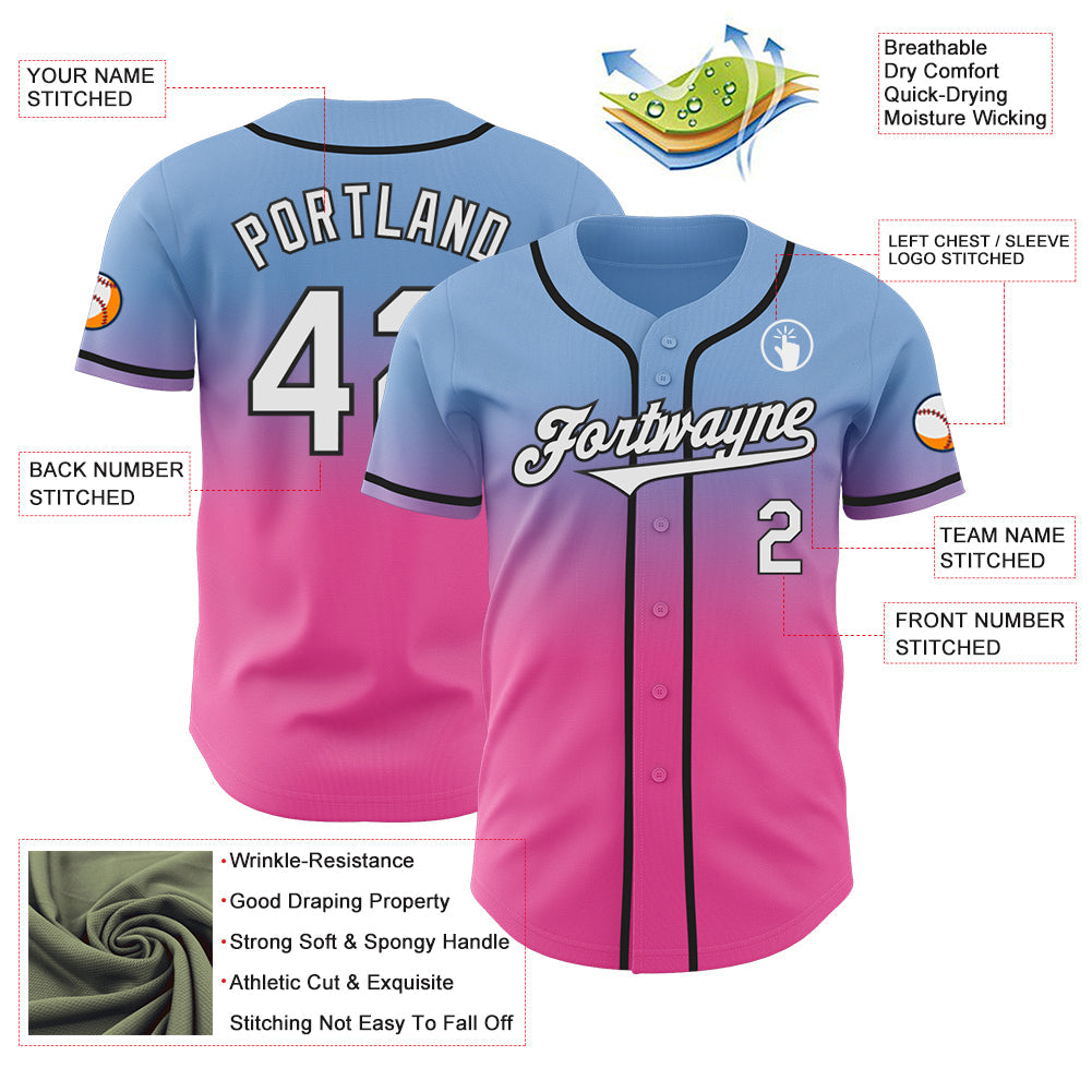 Custom Light Blue White Pink-Black Authentic Fade Fashion Baseball Jersey view 3