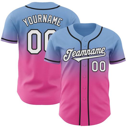 Custom Light Blue White Pink-Black Authentic Fade Fashion Baseball Jersey - Main View