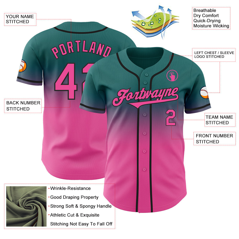 Custom Teal Pink-Black Authentic Fade Fashion Baseball Jersey view 3