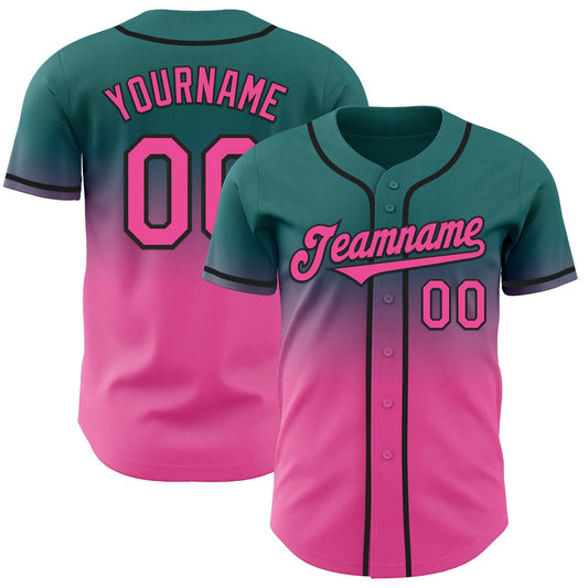 Custom Teal Pink-Black Authentic Fade Fashion Baseball Jersey - Main View