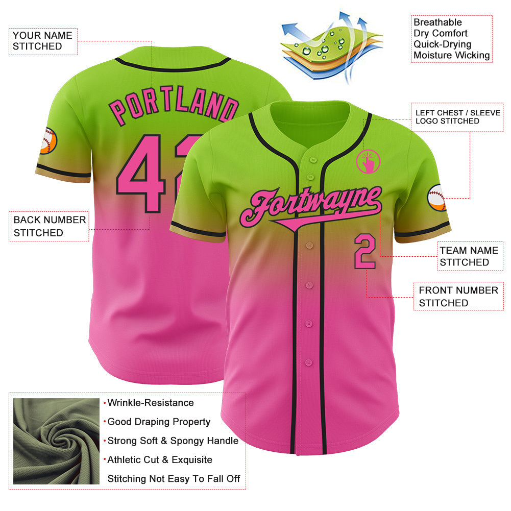 Custom Neon Green Pink-Black Authentic Fade Fashion Baseball Jersey view 3
