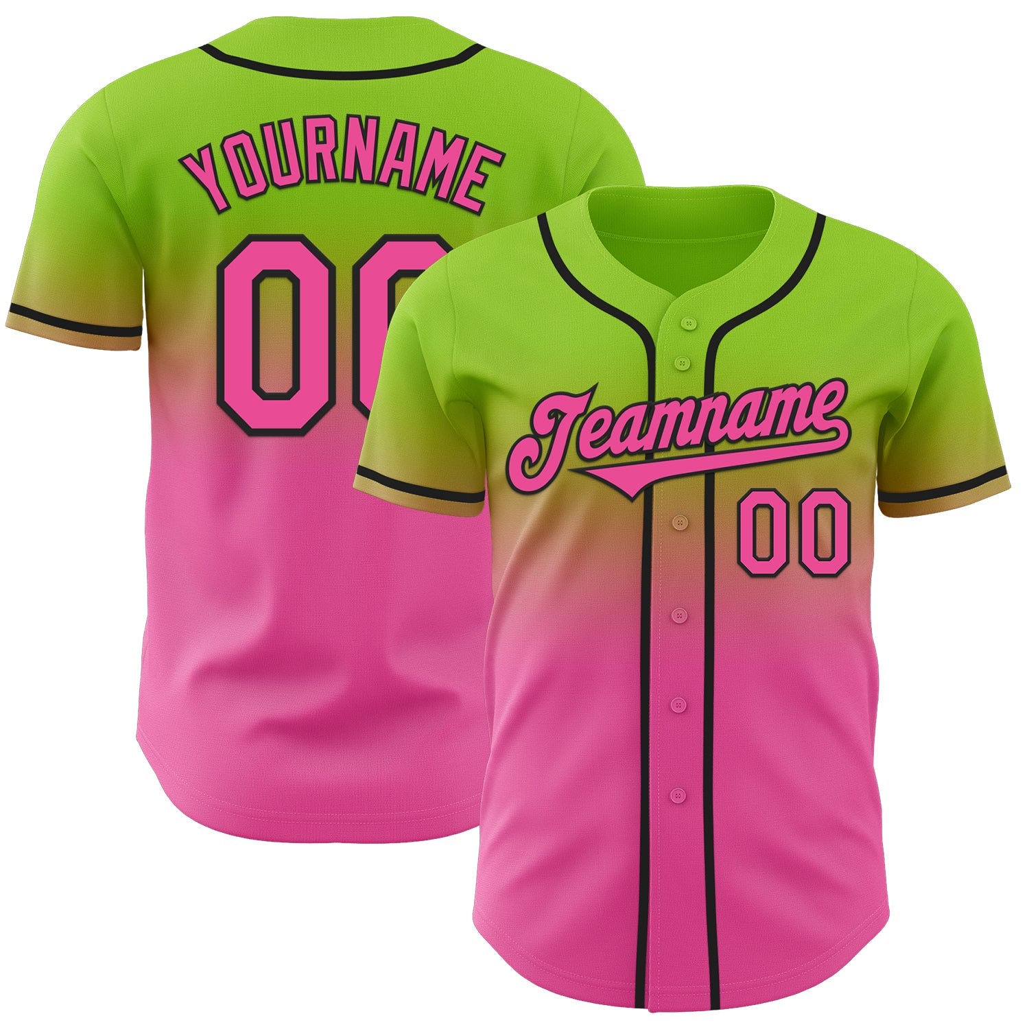 Custom Neon Green Pink-Black Authentic Fade Fashion Baseball Jersey - Main View