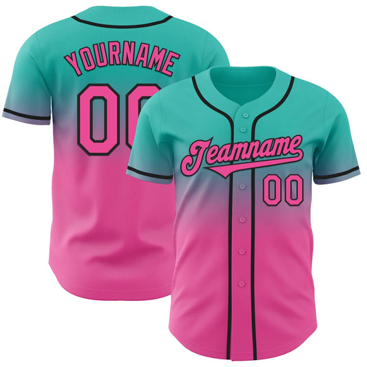 Custom Aqua Pink-Black Authentic Fade Fashion Baseball Jersey - Main View