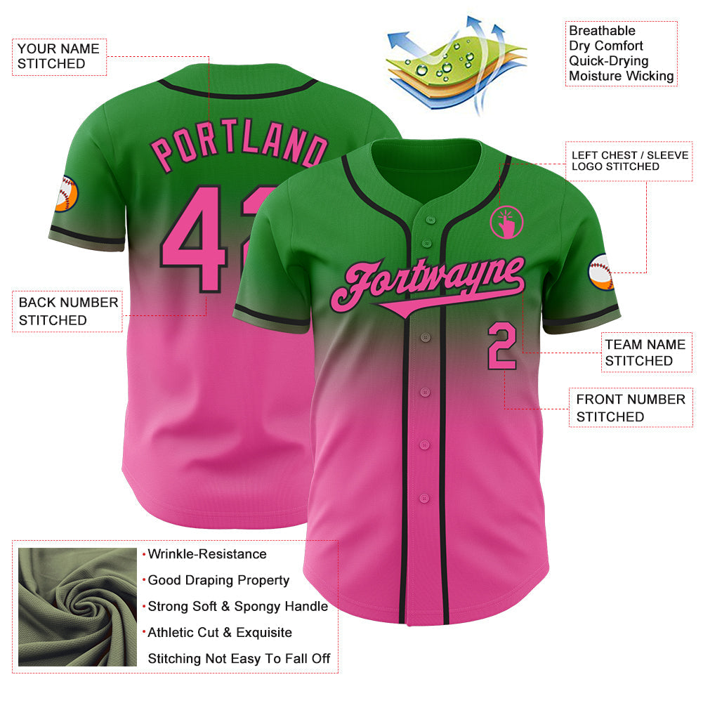 Custom Grass Green Pink-Black Authentic Fade Fashion Baseball Jersey view 3