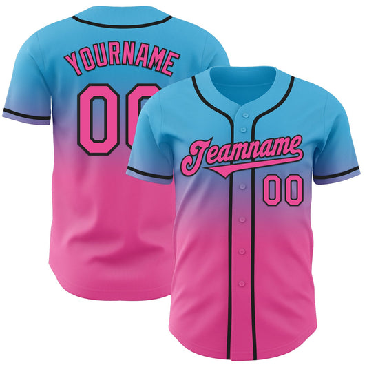 Custom Sky Blue Pink-Black Authentic Fade Fashion Baseball Jersey - Main View