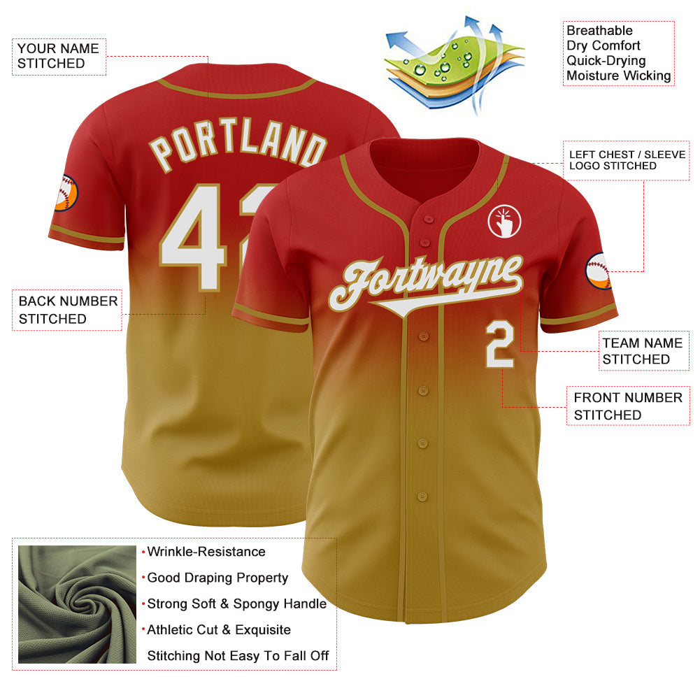 Custom Red White-Old Gold Authentic Fade Fashion Baseball Jersey view 3