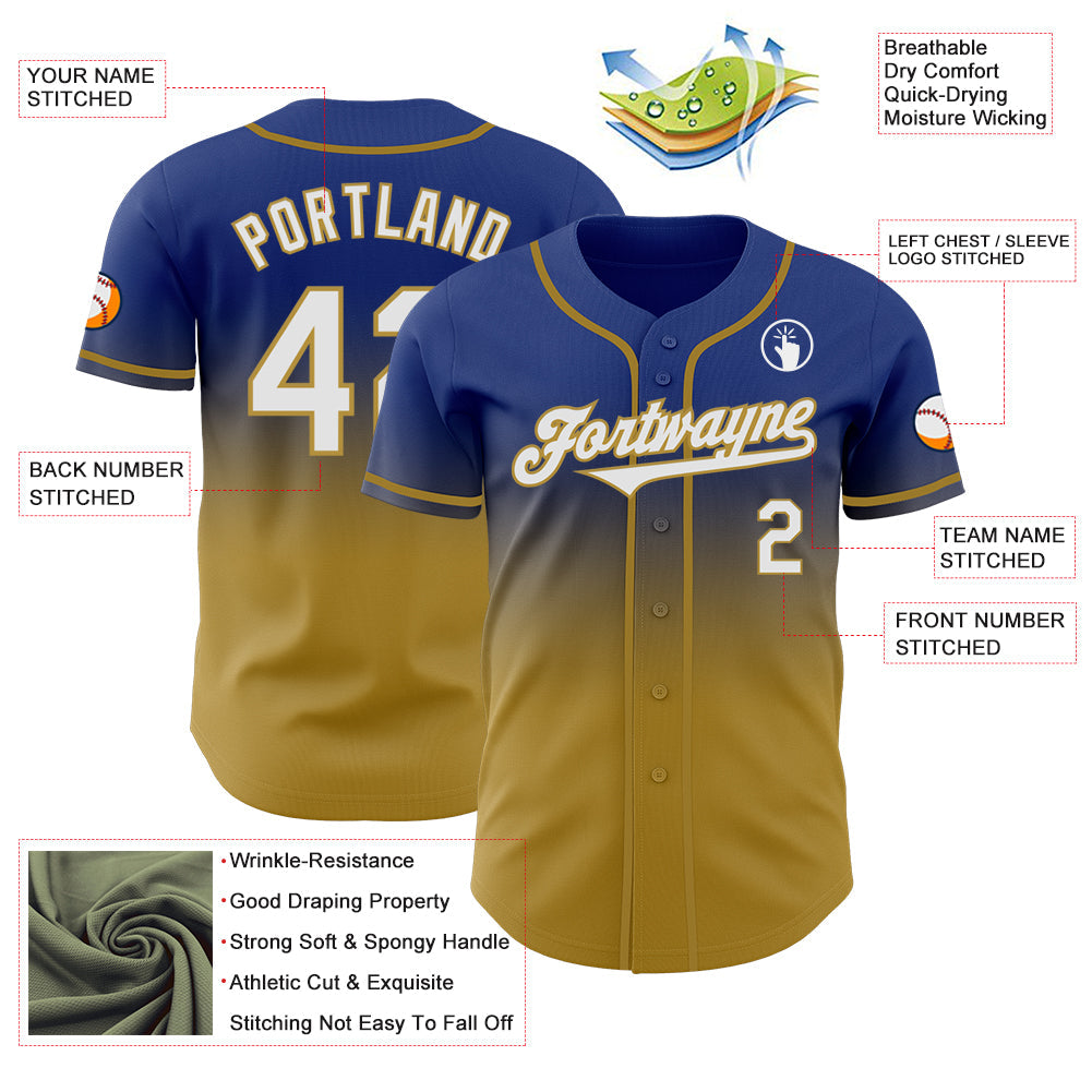 Custom Royal White-Old Gold Authentic Fade Fashion Baseball Jersey view 3