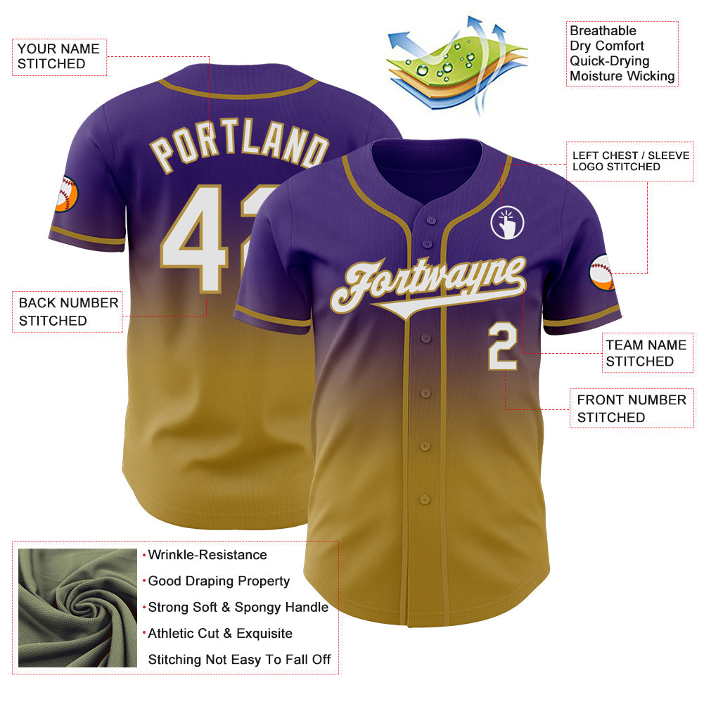 Custom Purple White-Old Gold Authentic Fade Fashion Baseball Jersey view 3