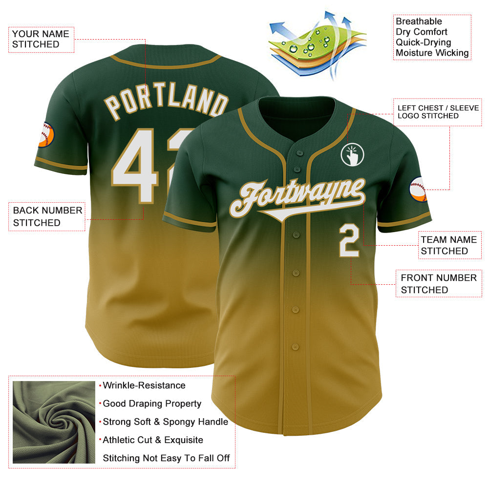 Custom Green White-Old Gold Authentic Fade Fashion Baseball Jersey view 3