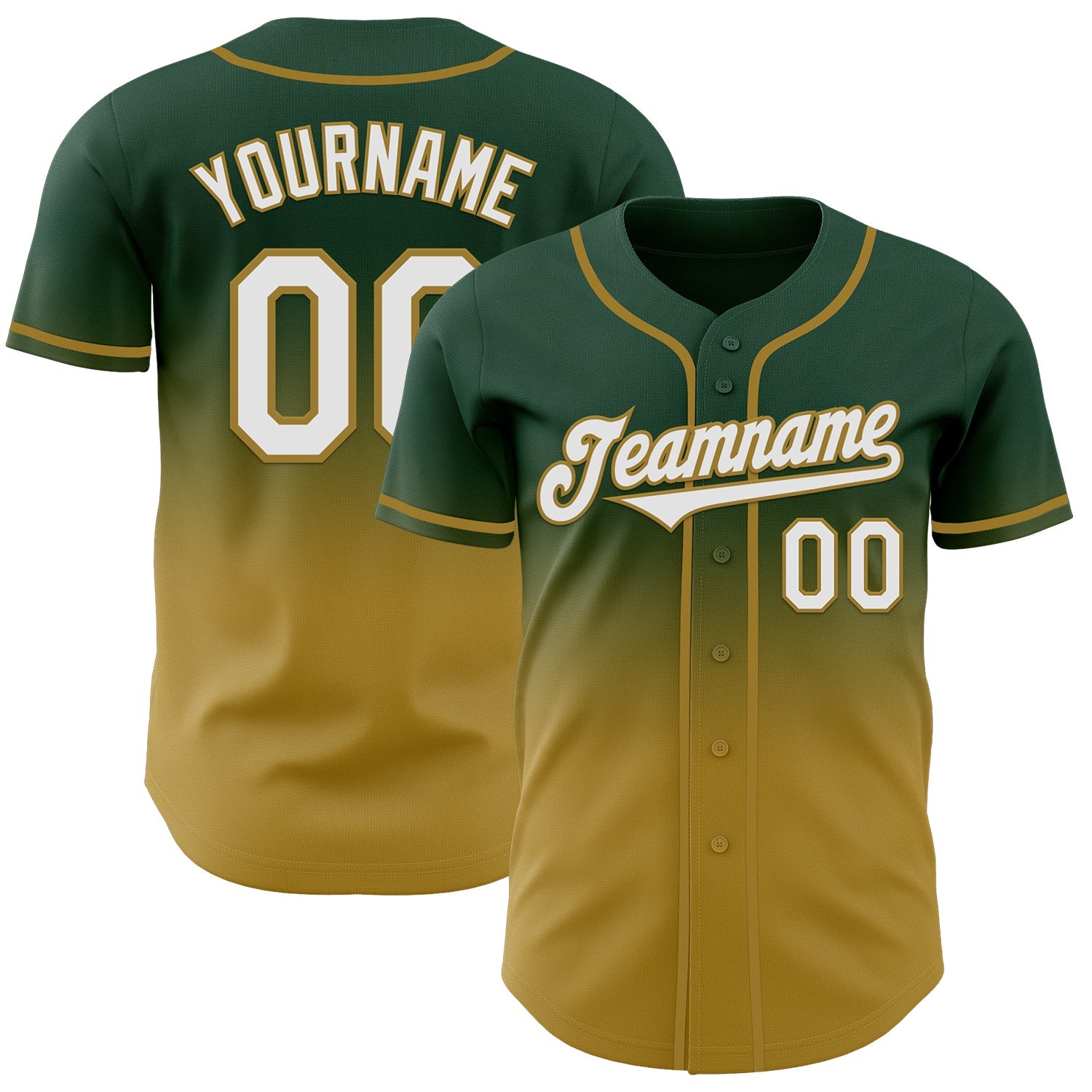 Custom Green White-Old Gold Authentic Fade Fashion Baseball Jersey - Main View