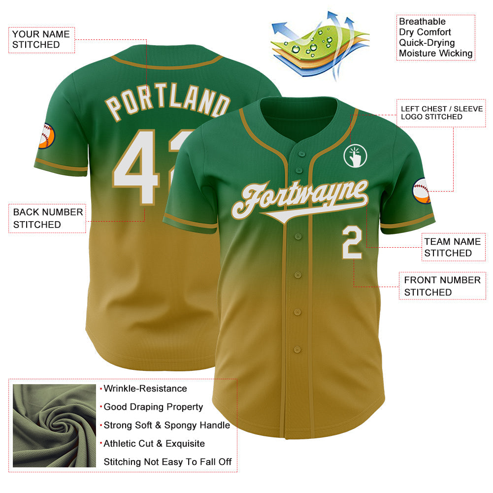 Custom Kelly Green White-Old Gold Authentic Fade Fashion Baseball Jersey view 3