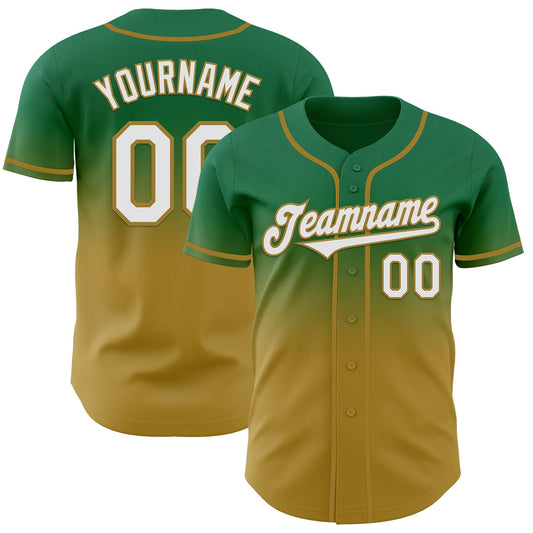 Custom Kelly Green White-Old Gold Authentic Fade Fashion Baseball Jersey - Main View