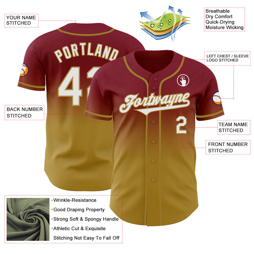 Custom Crimson White-Old Gold Authentic Fade Fashion Baseball Jersey view 3
